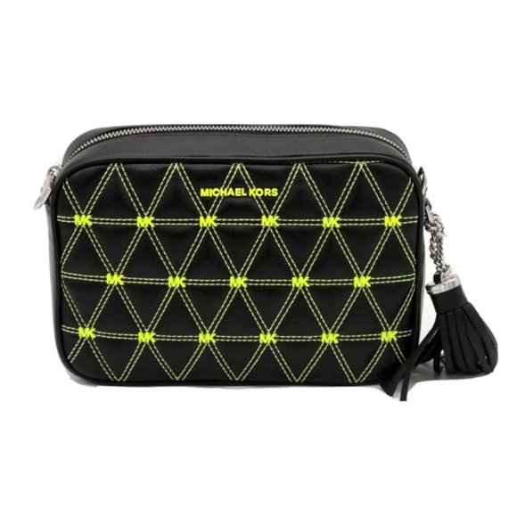 Michael Kors Ginny Black Quilted Lamb Leather Neon Yellow Logo Medium Camera Bag - Picture 1 of 10